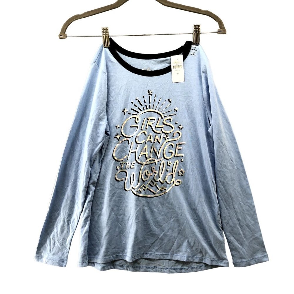 NWT Justice Girls Size 12 Long Sleeve T Shirt Blue Girls‎ Can Change The World